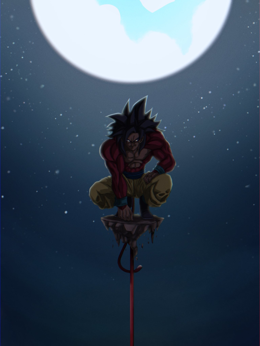 1boy abs bare_chest black_hair dougi dragon_ball dragon_ball_gt eyeshadow full_moon fur highres kaka0317db long_hair looking_at_viewer makeup male_focus monkey_boy monkey_tail moon muscle pose red_eyeshadow red_fur serious shirtless solo spiky_hair super_saiyan super_saiyan_4 tail wristband yellow_eyes