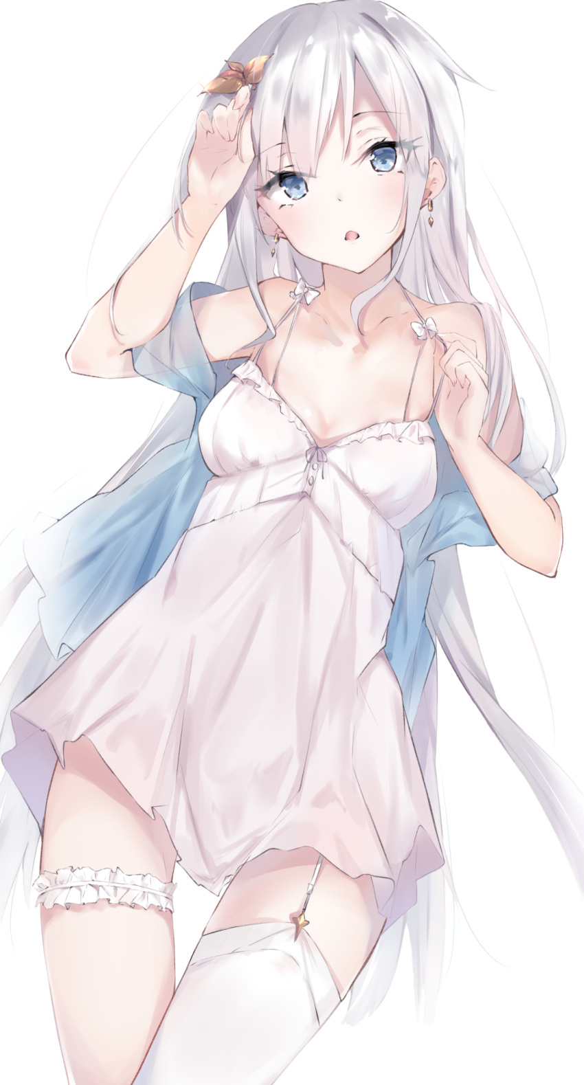 1girl anastasia_(fate/grand_order) blue_eyes breasts commentary_request cowboy_shot dress earrings eyebrows_visible_through_hair fate/grand_order fate_(series) garter_straps hair_ornament highres jewelry long_hair looking_at_viewer off_shoulder parted_lips sai_(saipoko) short_dress simple_background single_thighhigh small_breasts solo thigh-highs thigh_strap white_background white_dress white_hair white_legwear