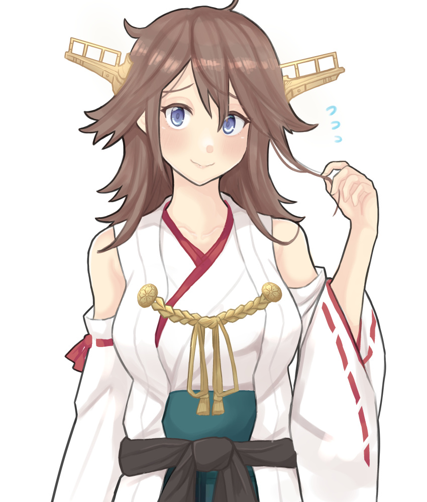 1girl absurdres alternate_hair_length alternate_hairstyle brown_hair commentary_request detached_sleeves dokuganryuu flipped_hair hairband headgear hiei_(kantai_collection) highres japanese_clothes kantai_collection long_hair medium_hair ribbon-trimmed_sleeves ribbon_trim simple_background solo white_background