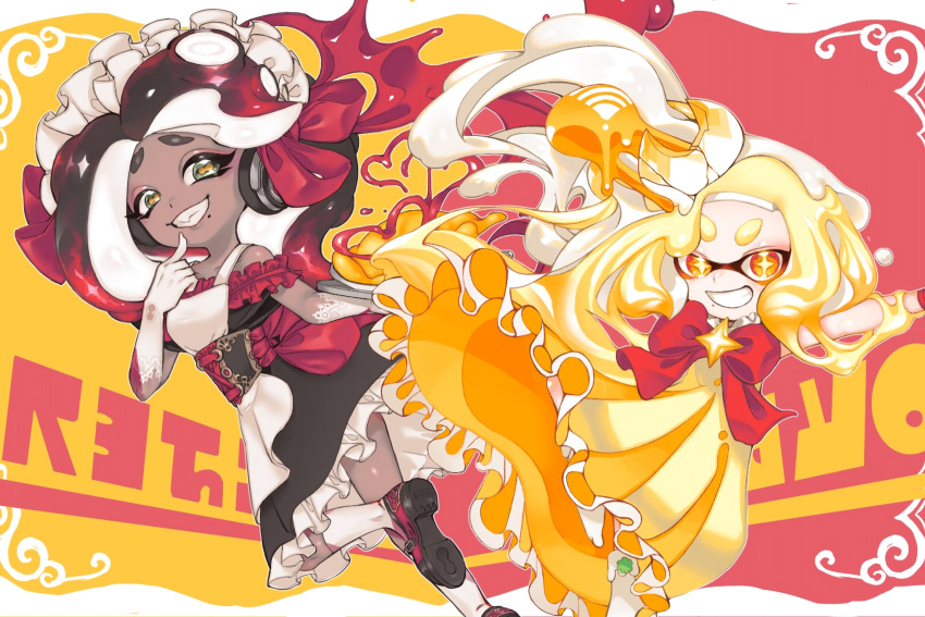 +_+ 2girls alternate_costume apron aramaki_spla black_dress black_hair blonde_hair bow cephalopod_eyes commentary crown dark_skin dress enmaided finger_to_mouth food food_on_face frilled_dress frills gloves gradient_hair green_eyes grin headphones highres hime_(splatoon) holding holding_tray iida_(splatoon) inkling_(language) ketchup leaning_back leaning_forward long_dress looking_at_viewer maid maid_apron maid_headdress mayonnaise medium_dress medium_hair mole mole_under_mouth multicolored_hair multiple_girls off-shoulder_dress off_shoulder omurice orange_dress orange_eyes red_bow red_footwear redhead sharp_teeth shoes sleeveless sleeveless_dress smile socks splatoon_(series) splatoon_2 standing standing_on_one_leg suction_cups symbol_commentary teeth tray white_apron white_gloves white_hair white_headwear white_legwear