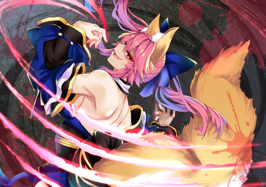 1girl animal_ear_fluff animal_ears bare_shoulders blood blood_splatter blue_kimono blue_ribbon detached_sleeves eyebrows_visible_through_hair fang fate/extella fate/extra fate/grand_order fate_(series) fox_ears fox_girl fox_tail hair_ribbon japanese_clothes kimono looking_at_viewer looking_back nail_polish open_mouth pink_hair ribbon solo tail tamamo_(fate)_(all) tamamo_no_mae_(fate) wisespeak yellow_eyes