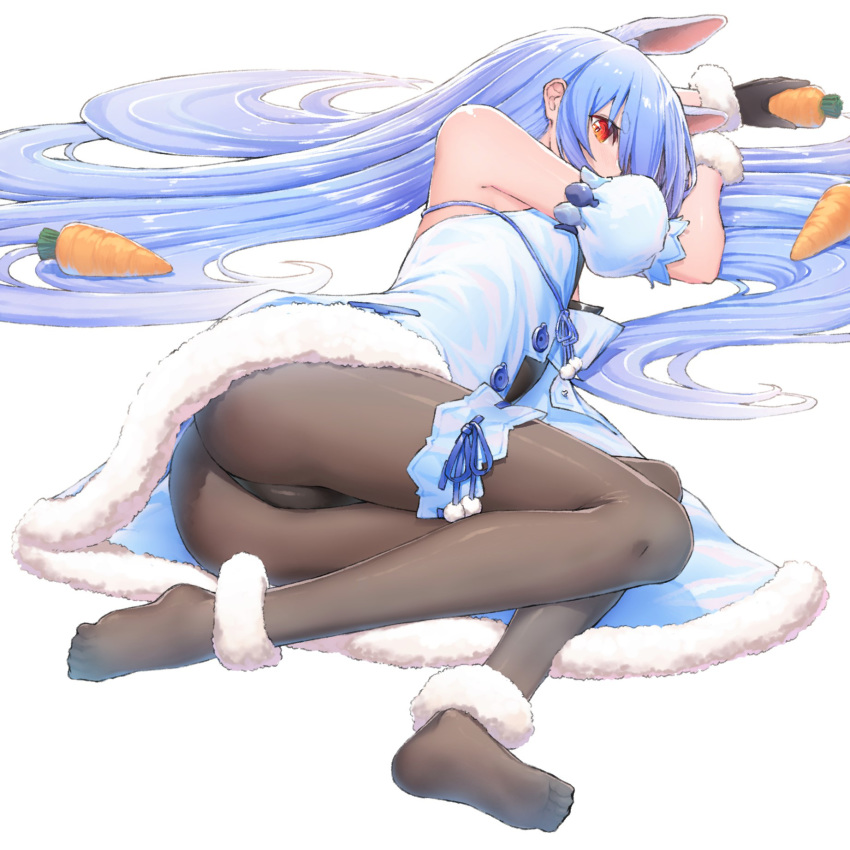 1girl animal_ears black_legwear blue_hair breasts bunny_girl bunnysuit carrot dress feet fur-trimmed_dress fur-trimmed_gloves fur_trim gloves hair_down highres hololive long_hair lying rabbit_ears red_eyes solo thigh_strap tihoro1609 usada_pekora very_long_hair virtual_youtuber