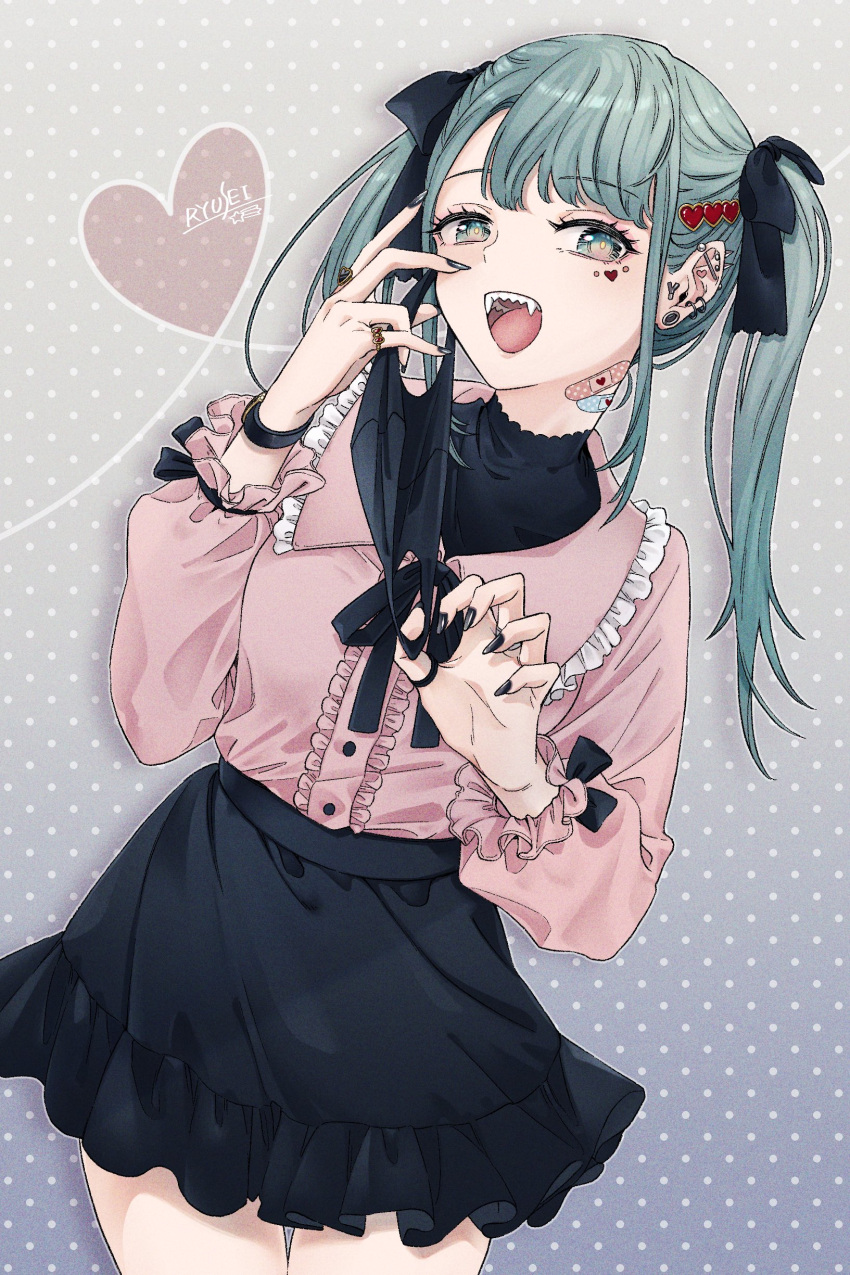 1girl 39 absurdres artist_name bandaid bandaid_on_neck bangs black_nails black_skirt buttons center_opening claw_pose cowboy_shot ear_piercing fangs green_eyes green_hair hair_ornament hatsune_miku heart heart_hair_ornament highres jewelry long_hair long_sleeves looking_at_viewer multiple_rings open_mouth piercing pink_shirt plug_(piercing) puzzle157xxx ring shirt shirt_tucked_in signature skirt solo teeth tongue twintails upper_teeth vampire_(vocaloid) watch watch