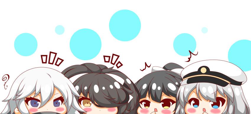 /\/\/\ 4girls absurdres azur_lane bangs black_hair blue_eyes blush bow brown_eyes chibi closed_mouth code_g_(azur_lane) code_t_(azur_lane) enterprise_(azur_lane) eyebrows_visible_through_hair hair_between_eyes hair_bow hair_over_one_eye hat high_ponytail highres kurukurumagical multiple_girls notice_lines open_mouth peaked_cap ponytail silver_hair takao_(azur_lane) white_background white_bow white_headwear yellow_eyes