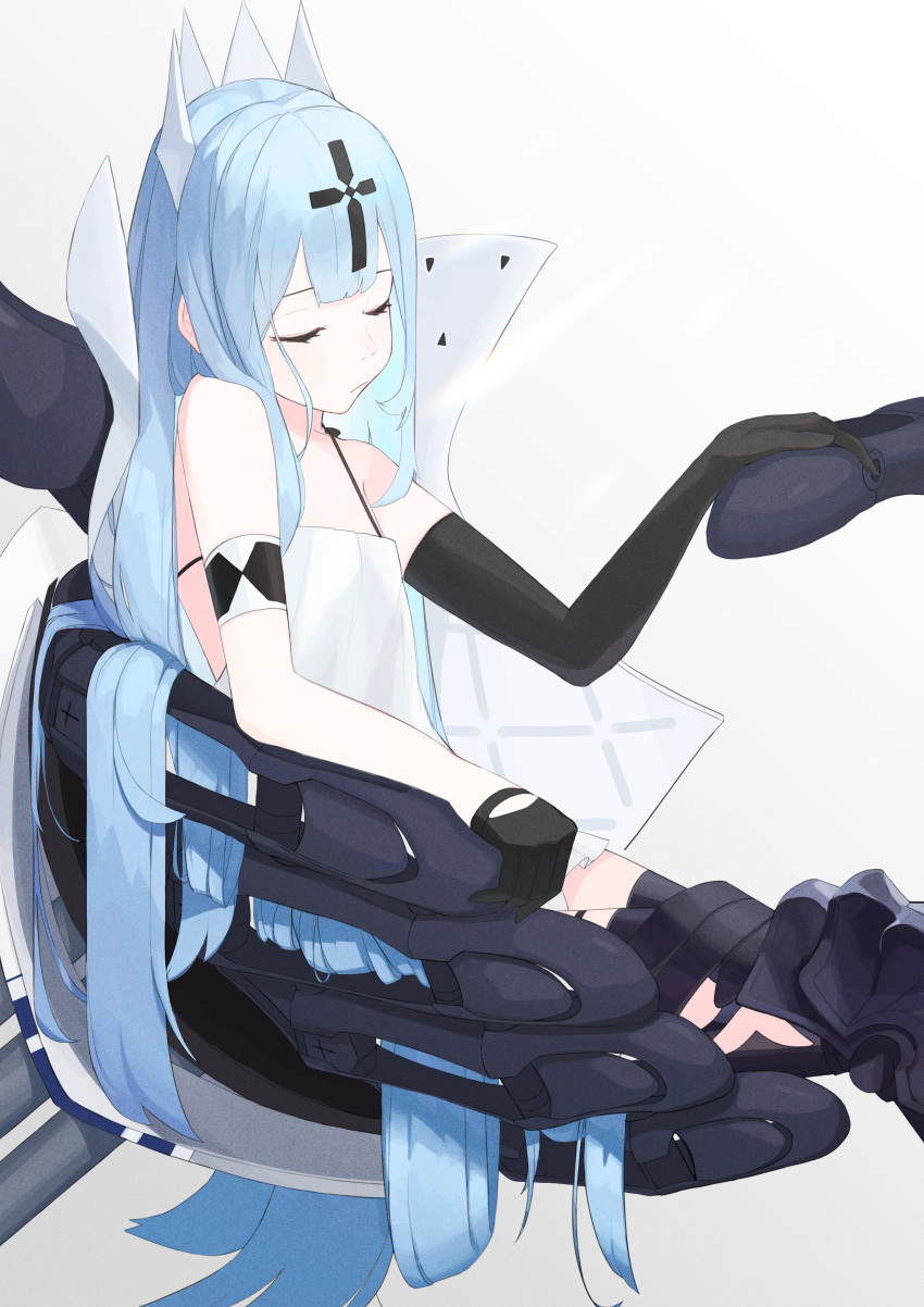 1girl absurdly_long_hair absurdres aoiro_(t_aoiro123) asymmetrical_clothes asymmetrical_gloves azur_lane bangs bare_shoulders black_gloves black_legwear blue_hair champagne_(azur_lane) closed_eyes closed_mouth dress flat_chest gloves highres huge_filesize long_hair simple_background solo straight_hair thigh-highs very_long_hair white_background white_dress