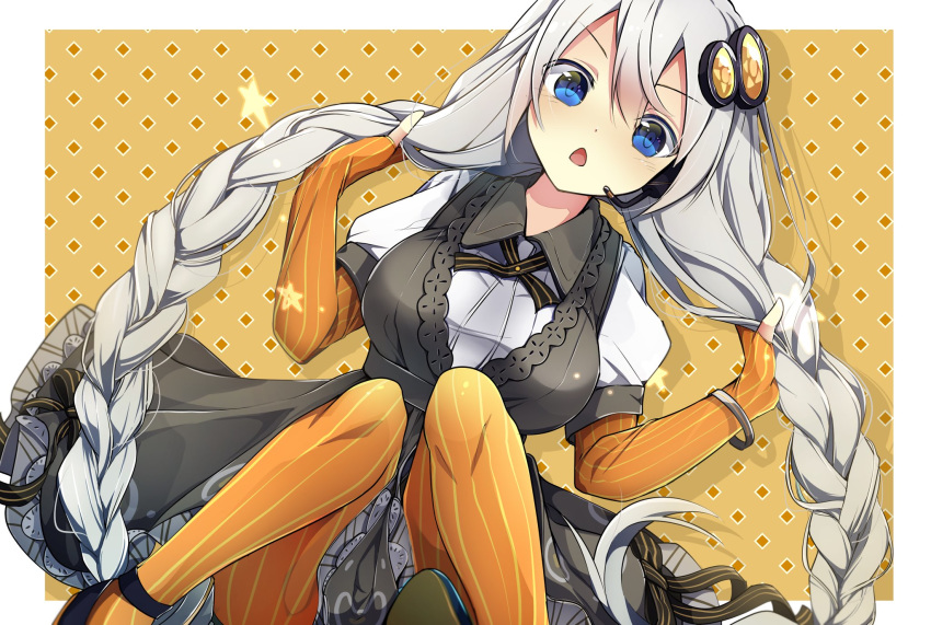 1girl black_dress blue_eyes bracelet braid breasts commentary dress elbow_gloves fingerless_gloves gloves grey_hair hair_ornament hair_ribbon headset highres holding holding_hair jewelry kizuna_akari knees_up leaning_to_the_side long_hair looking_at_viewer medium_breasts open_mouth orange_background orange_gloves rasu_(mtn) ribbon short_sleeves sitting solo twin_braids v-shaped_eyebrows very_long_hair voiceroid