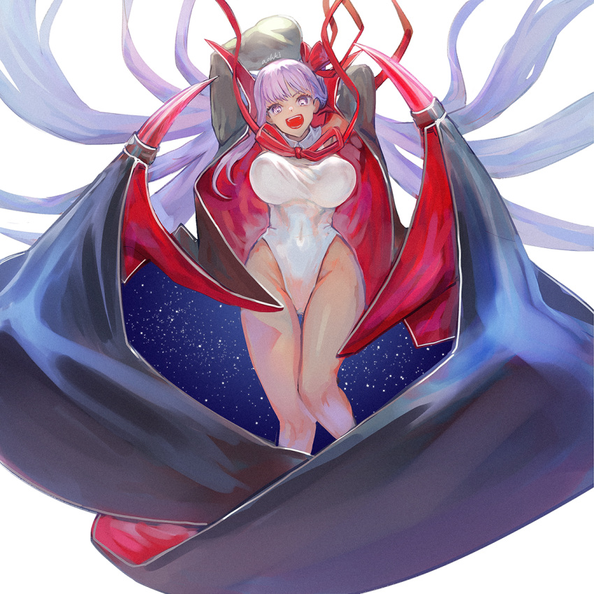 1girl arms_up bb_(fate)_(all) bb_(swimsuit_mooncancer)_(fate) black_jacket bow breasts covered_navel fate/grand_order fate_(series) galaxy hair_bow jacket leotard long_hair open_mouth purple_hair red_bow red_neckwear red_ribbon ribbon signature smile solo star_(sky) teeth very_long_hair violet_eyes waterstaring white_leotard wings