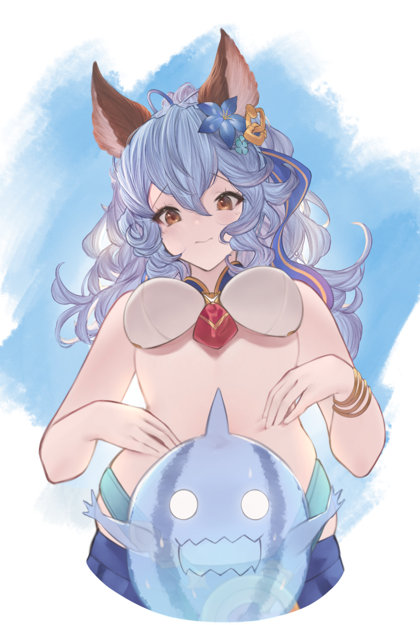 1girl absurdres animal_ears bangs betabeet bikini blue_hair blue_ribbon blue_sky blush bracelet breasts brown_eyes closed_mouth clouds day erune eyebrows_visible_through_hair ferry_(granblue_fantasy) ghost granblue_fantasy hair_between_eyes hair_ribbon highres jewelry long_hair looking_at_viewer medium_breasts outdoors ponytail rabbit_ears ribbon single_earring sky solo swimsuit wavy_hair white_bikini