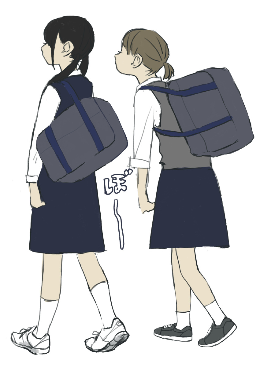 2girls absurdres bag black_footwear black_hair blue_dress blue_skirt commentary_request dress full_body grey_vest highres light_brown_hair long_sleeves low_twintails multiple_girls original profile school_bag school_uniform shirt shoes simple_background skirt sleeves_folded_up sneakers translation_request turquoise_iro twintails vest walking white_background white_footwear white_legwear white_shirt