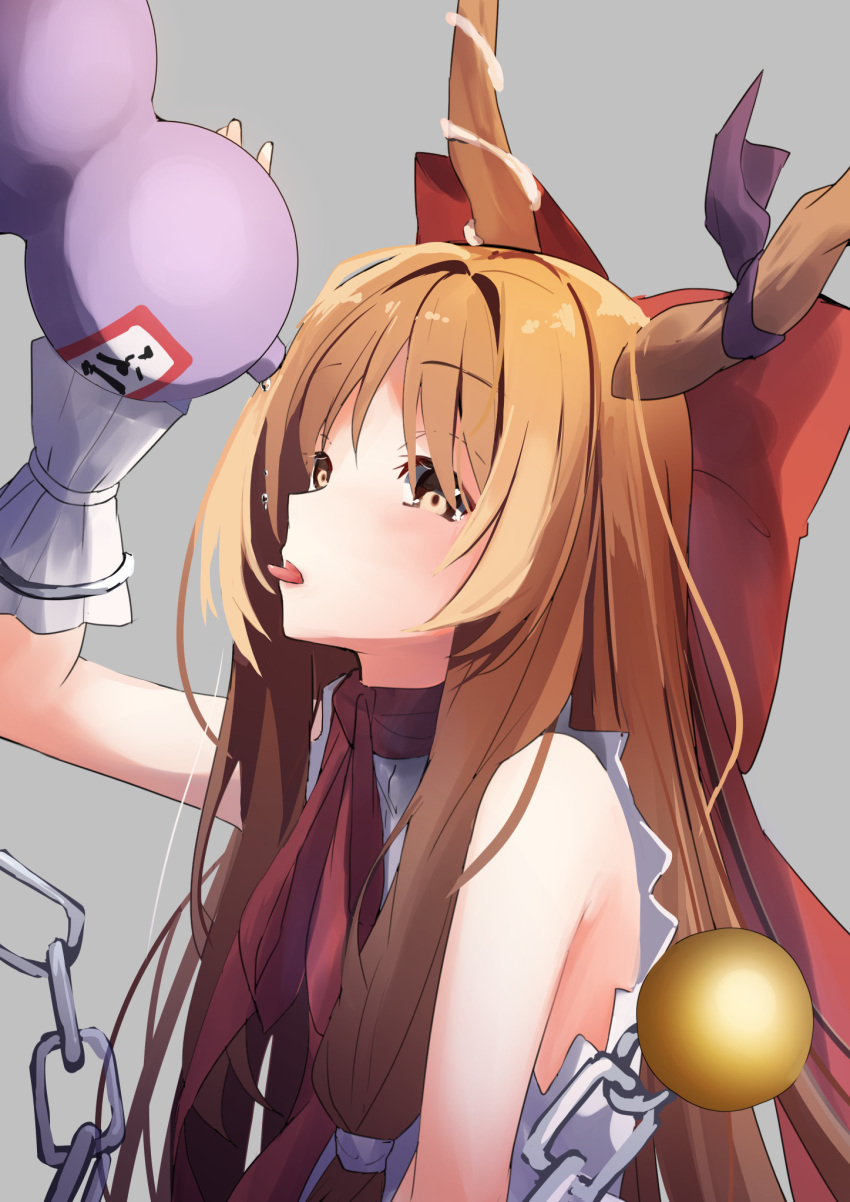 1girl bare_shoulders brown_eyes brown_hair chain cuffs drink highres horn_ornament horn_ribbon horns ibuki_suika long_hair looking_at_viewer red_ribbon ribbon shackles shirt simple_background sleeveless tongue touhou tsushi very_long_hair water_drop wrist_cuffs