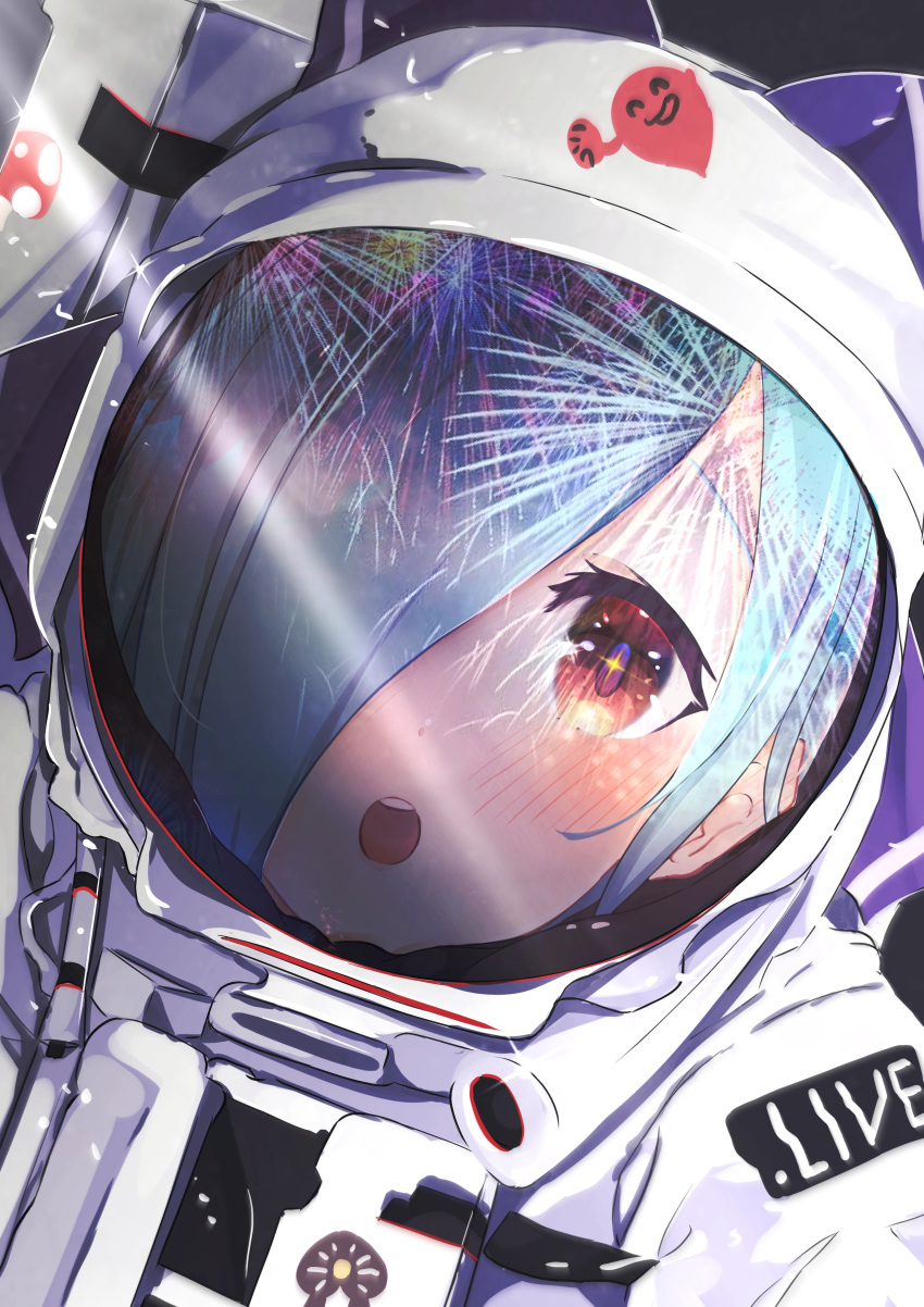 .live 1girl absurdres blue_hair blush close-up copyright_name facing_viewer fireworks hair_over_one_eye highres long_hair mushroom open_mouth red_eyes reflection round_teeth solo spacesuit suzushika_(13_96) teeth virtual_youtuber yamato_iori