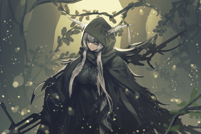 1girl antlers arknights bangs breasts cloak closed_mouth commentary_request fixro2n forest grey_hair highres holding holding_weapon hood hood_up hooded_cloak horns large_breasts light_particles long_hair long_sleeves looking_at_viewer nature outdoors plant red_eyes shining_(arknights) silver_hair solo sword torn_cloak torn_clothes tree weapon
