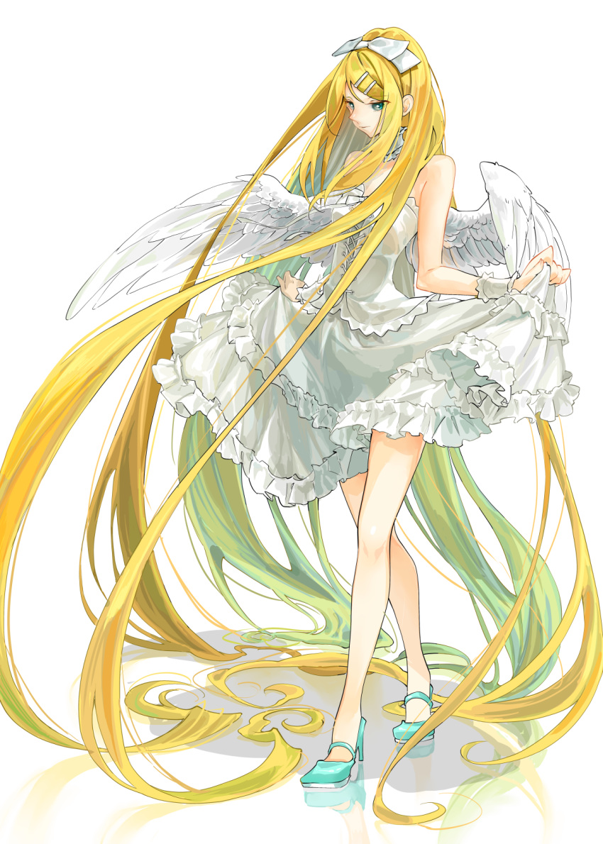1girl absurdly_long_hair angel angel_wings aqua_eyes aqua_footwear bangs bare_shoulders blonde_hair bow commentary dress frilled_dress frills full_body hair_bow hair_ornament hairclip half-closed_eyes high_heels highres kagamine_rin layered_dress long_hair looking_down reflection skirt_hold standing swept_bangs very_long_hair vocaloid white_bow white_dress whiteskyash wings