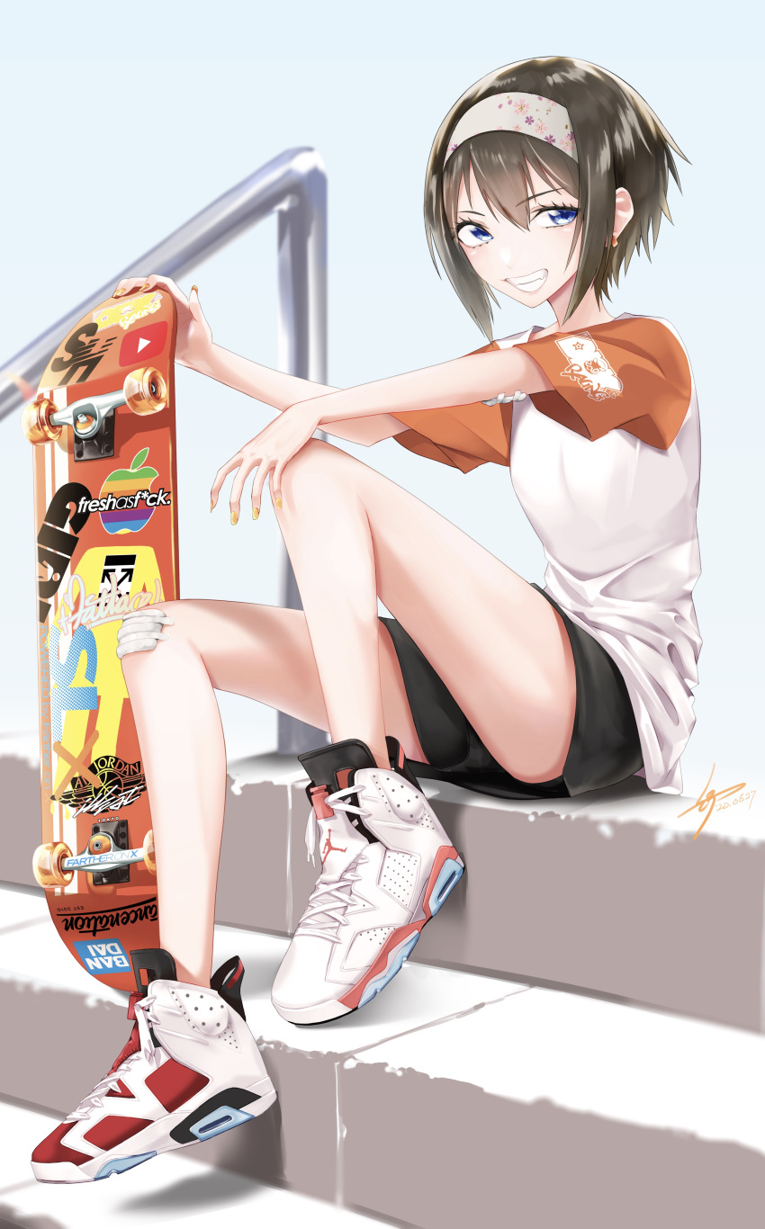 1girl absurdres air_jordan air_jordan_6 black_hair blue_eyes english_commentary headband highres holding_skateboard looking_at_viewer nike original shoes short_hair shorts silenxe skateboard smile sneakers solo white_headband