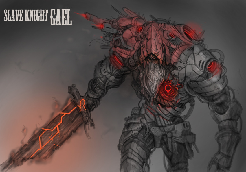 1other arms_at_sides broken broken_sword broken_weapon cable character_name cowboy_shot dark_souls_iii glowing glowing_sword glowing_weapon grey_background highres holding holding_sword holding_weapon humanoid_robot joints leaning_forward mechanization muhut no_humans robot robot_joints science_fiction slave_knight_gael solo souls_(from_software) sword tagme walking weapon wire