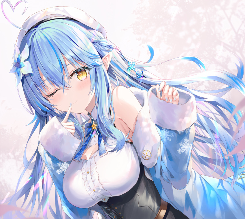 1girl ;) ahoge bangs bare_shoulders beret blue_coat blue_hair blue_nails blush braid breasts cleavage_cutout coat corset eyebrows_visible_through_hair finger_to_mouth flower fur-trimmed_coat fur_trim hair_between_eyes hair_flower hair_ornament hat highres hololive long_hair looking_at_viewer multicolored_hair one_eye_closed pointy_ears ribbon rin_yuu shirt sleeveless sleeveless_shirt sleeves_past_wrists smile solo streaked_hair virtual_youtuber white_shirt yellow_eyes yukihana_lamy