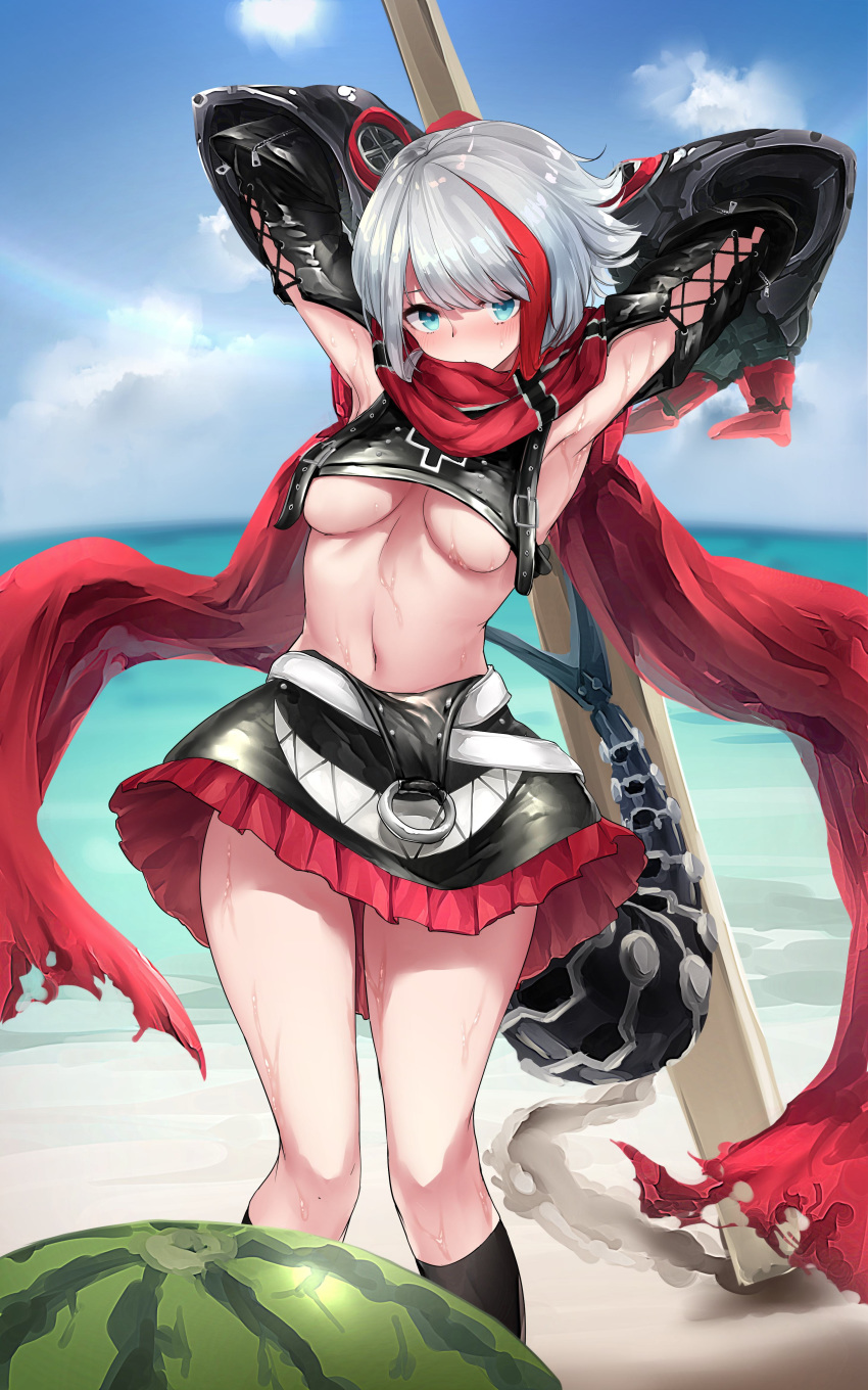 1girl absurdres admiral_graf_spee_(azur_lane) armpits arms_up azur_lane beach black_skirt blue_eyes breasts crop_top day detached_sleeves food frilled_skirt frills fruit highres holding kneehighs looking_at_viewer medium_breasts midriff miniskirt multicolored_hair navel ocean osisio outdoors revealing_clothes silver_hair skirt solo stomach streaked_hair sunlight thighs under_boob water watermelon wet