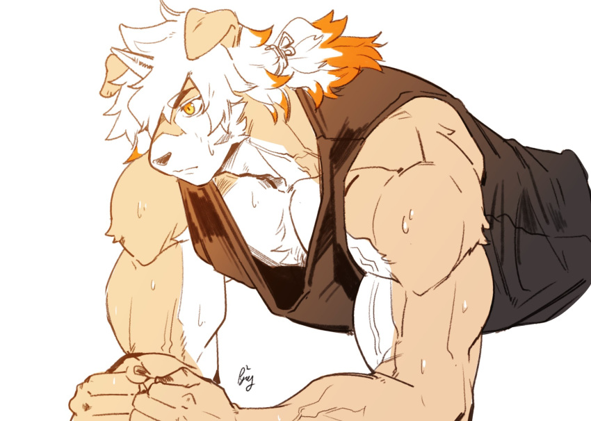 1boy animal_ears arknights bangs bara chest cropped_torso dog_ears exercise furry hair_between_eyes highres horns hung_(arknights) male_focus multicolored_hair muscle orange_hair p2yong pectorals push-ups single_horn solo streaked_hair sweat training white_hair