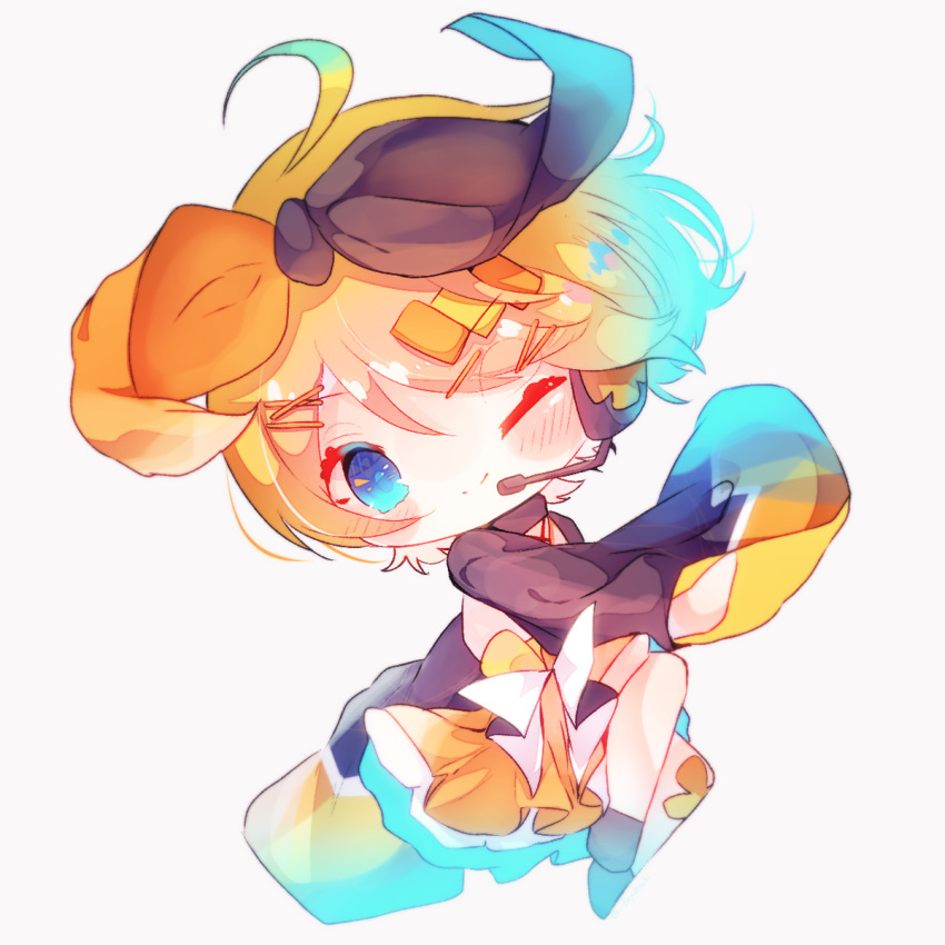 1girl bangs black_bow black_sleeves blonde_hair bloom blue_eyes bow chibi commentary full_body fuyuzuki_gato hair_bow hair_ornament hairclip headset highres japanese_clothes kagamine_rin kimono looking_at_viewer magical_mirai_(vocaloid) one_eye_closed orange_bow short_hair smile solo swept_bangs two-tone_bow vocaloid white_background