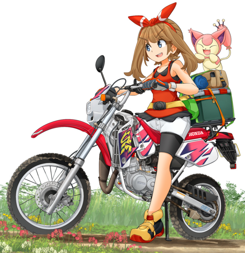 1girl 1other bandana bike_shorts black_shorts blue_eyes dress eyebrows_visible_through_hair fanny_pack full_body gen_3_pokemon gloves graphite_(medium) ground_vehicle hair_ribbon haruka_(pokemon) highres honda honda_crm80 looking_to_the_side mikeran_(mikelan) motor_vehicle motorcycle pokemon pokemon_(game) pokemon_oras ribbon shoes shorts skitty sleeveless sleeveless_dress traditional_media