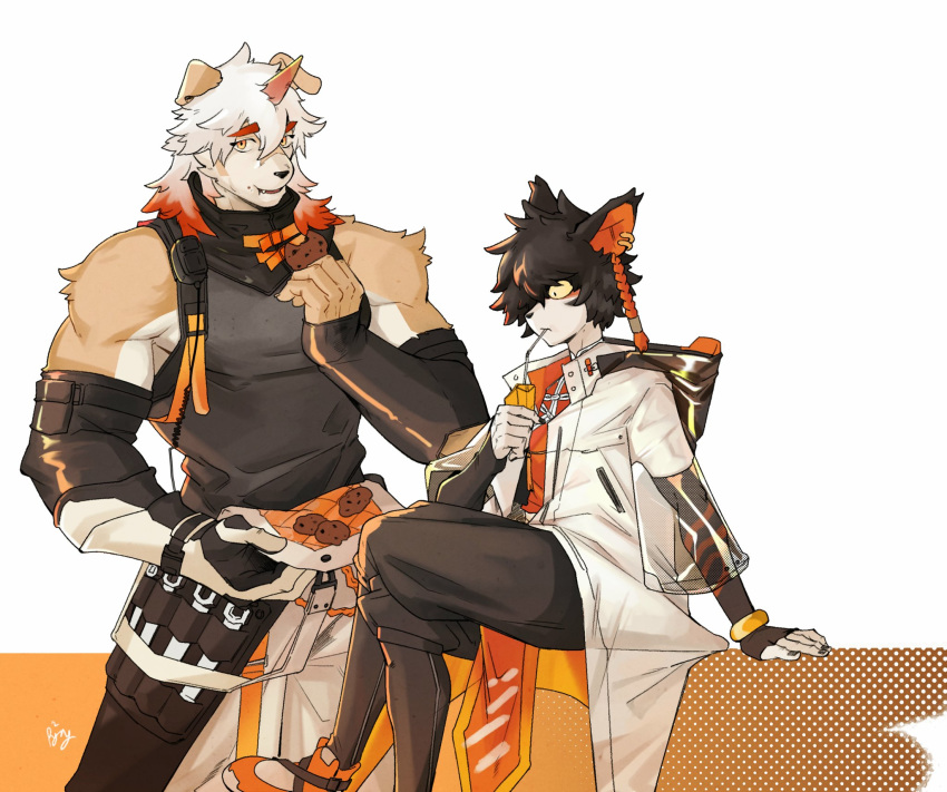 2boys aak_(arknights) animal_ears arknights bangs bara bare_shoulders black_hair chest cropped_torso dog_ears furry hair_between_eyes highres horns hung_(arknights) male_focus multicolored_hair multiple_boys muscle orange_hair p2yong single_horn sleeveless streaked_hair white_hair