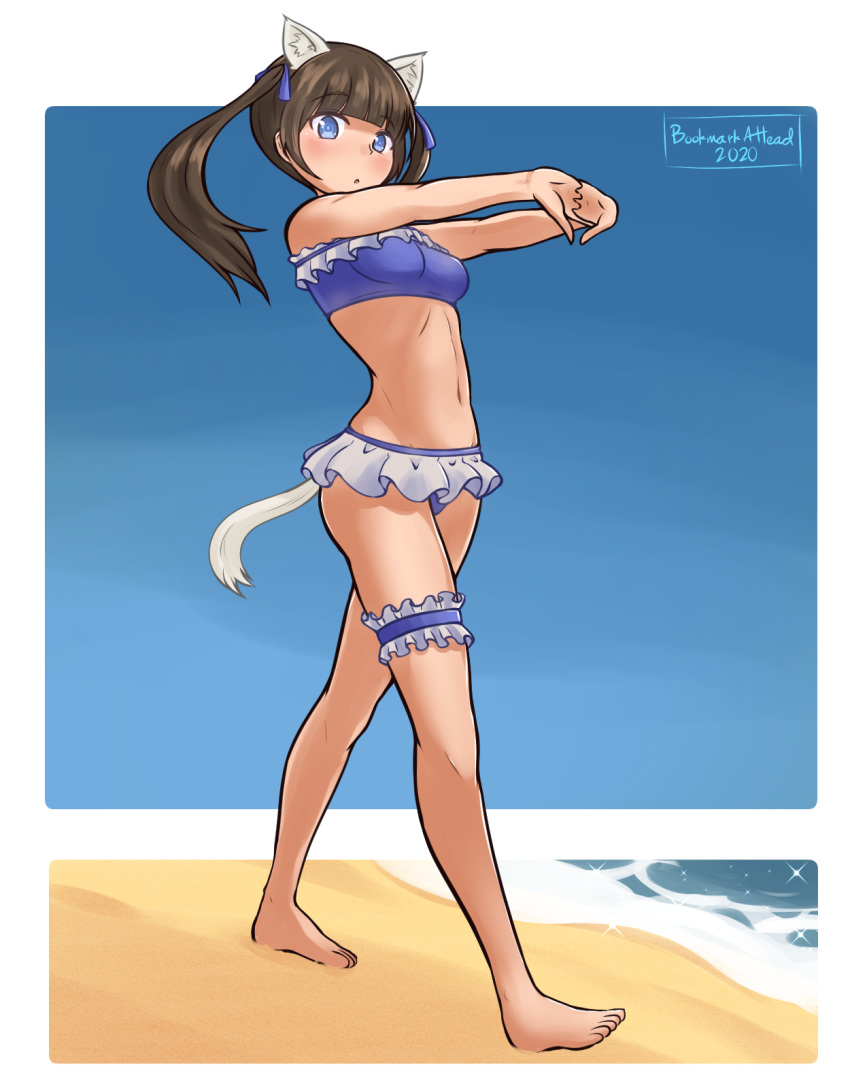 1girl animal_ears beach bikini bikini_skirt blue_bikini blush brave_witches breasts brown_eyes brown_hair cat_ears cat_tail full_body georgette_lemare groin highres looking_at_viewer navel ocean open_mouth outdoors shiny shiny_hair sky small_breasts solo swimsuit swimwear tail twintails walking world_witches_series