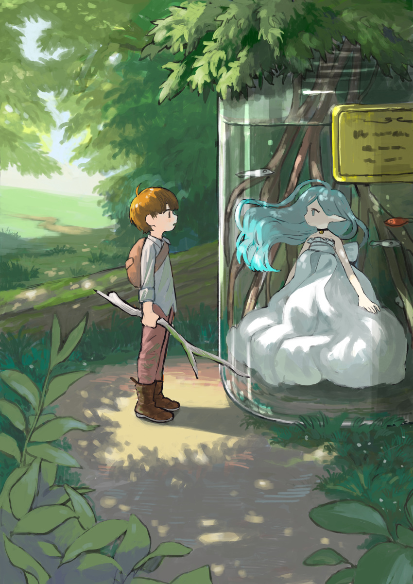 1boy 1girl absurdres arms_at_sides backpack bag black_choker blue_eyes blue_hair blush brown_bag brown_footwear brown_hair choker commentary_request dappled_sunlight dress eye_contact fantasy fish fish_tank flowing_hair grass highres hill holding holding_stick leaf looking_at_another original outdoors pants pointy_ears profile red_pants shadow sidelocks sleeveless sleeveless_dress sleeves_folded_up standing stick strapless strapless_dress sunlight trail tree turquoise_iro water white_dress