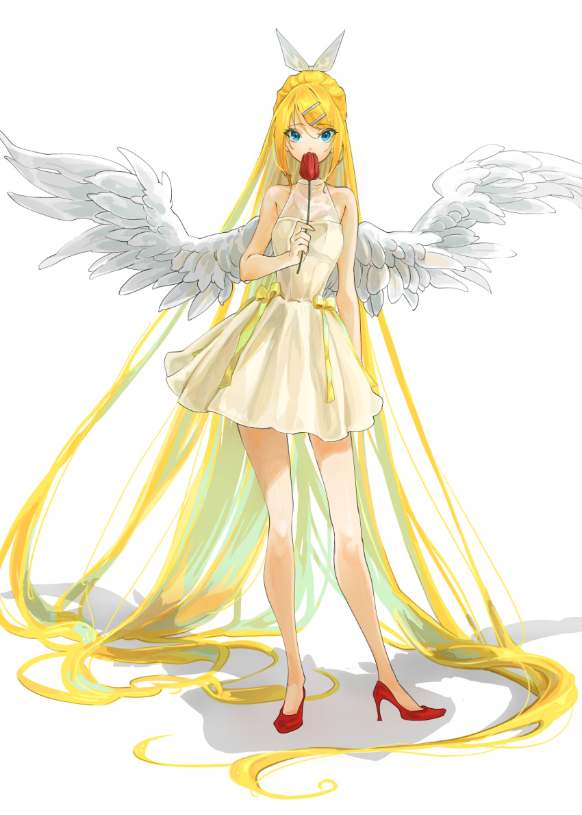 1girl absurdly_long_hair angel angel_wings bangs blonde_hair blue_eyes bow covering_mouth dress flower full_body hair_bow hair_ornament hairclip high_heels highres holding holding_flower kagamine_rin long_hair looking_at_viewer red_flower red_footwear red_rose rose shadow standing swept_bangs very_long_hair vocaloid white_background white_bow whiteskyash wings yellow_dress