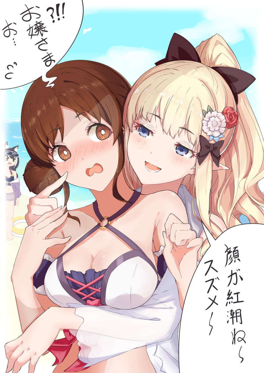 3girls absurdres bangs bare_shoulders bikini black_bow blonde_hair blue_eyes blush bow breasts brown_eyes brown_hair double_bun elf eyebrows_visible_through_hair flower hair_bow hair_flower hair_ornament highres karyl_(princess_connect!) large_breasts long_hair multiple_girls open_mouth pointy_ears ponytail princess_connect! princess_connect!_re:dive saren_(princess_connect!) sidelocks smile suzume_(princess_connect!) swimsuit translated xiangcao_xing_chen_bing yuri