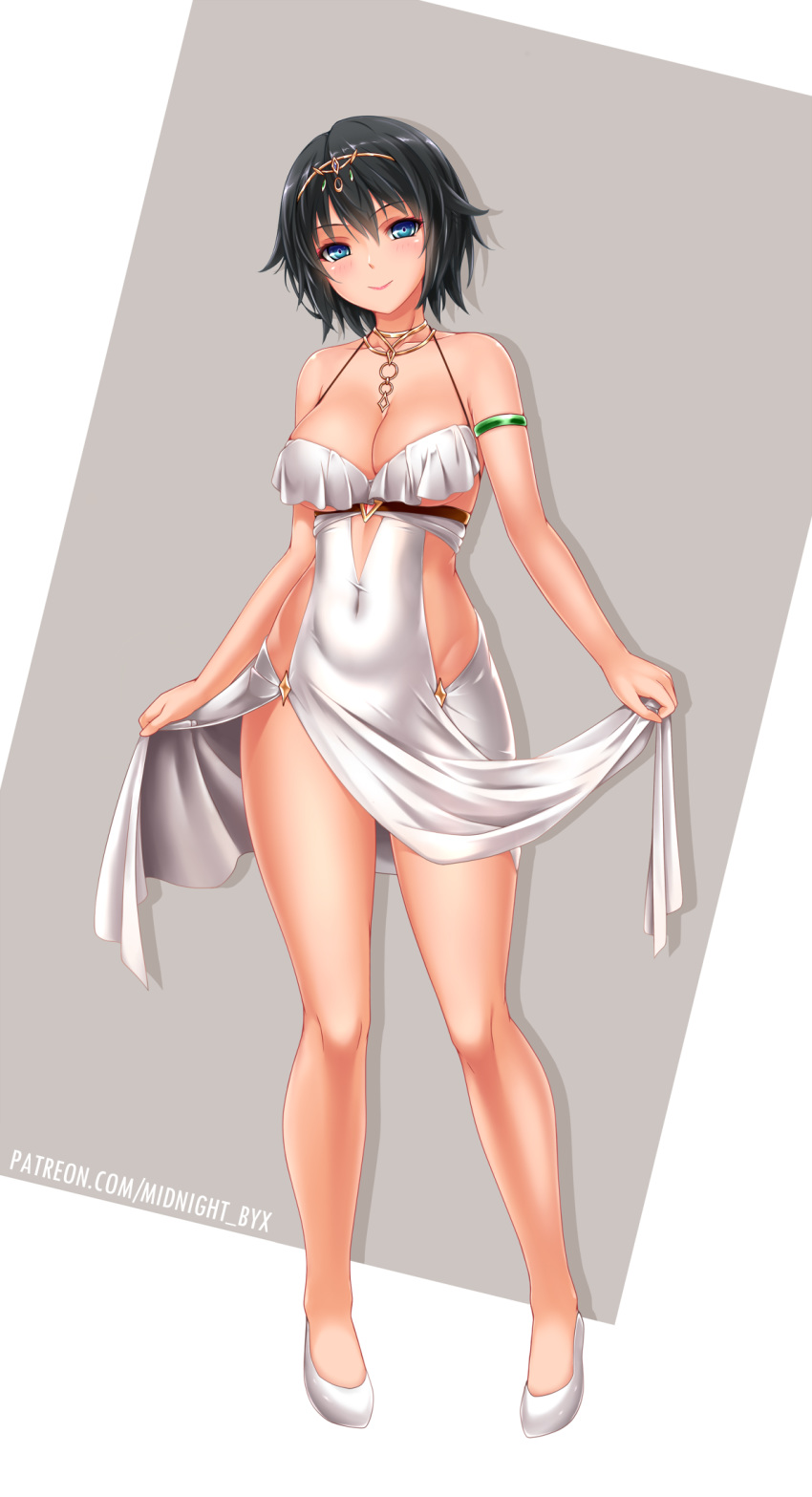 1girl armlet artist_name black_hair blue_eyes breasts collarbone covered_navel dress full_body highres jewelry large_breasts looking_at_viewer midnight_(banyex) original short_hair smile solo standing tiara white_dress