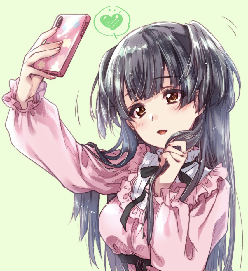 1girl arm_up bangs black_hair black_neckwear black_ribbon blunt_bangs blush breasts brown_eyes cellphone collared_shirt commentary_request eyebrows_visible_through_hair fingernails frilled_shirt frilled_shirt_collar frilled_sleeves frills green_background hand_up head_tilt heart highres holding holding_hair holding_phone idolmaster idolmaster_shiny_colors kuroi_mimei light_smile long_hair long_sleeves looking_at_object mayuzumi_fuyuko medium_breasts neck_ribbon outstretched_arm parted_lips phone pink_shirt puffy_long_sleeves puffy_sleeves ribbon self_shot shiny shiny_hair shirt simple_background smartphone solo speech_bubble spoken_heart taking_picture two_side_up upper_body