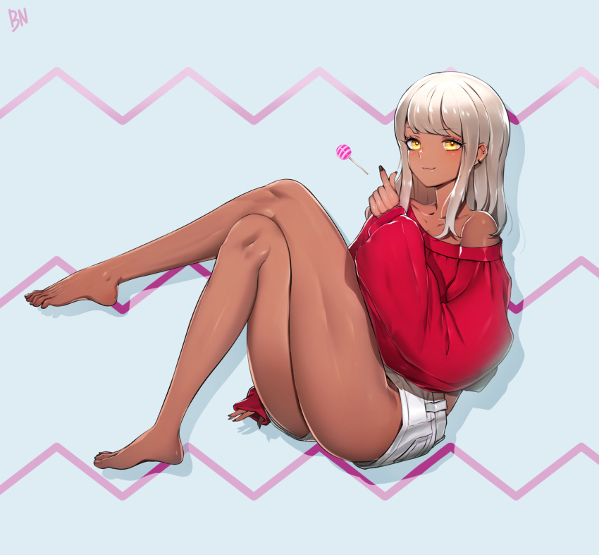 1girl :3 bangs bare_legs barefoot bbuni black_nails blush candy collarbone commission crossed_legs dark_skin ear_piercing feet finger_heart food highres lollipop long_hair looking_at_viewer mabinogi nail_polish off-shoulder_sweater off_shoulder piercing red_sweater short_shorts shorts signature silver_hair sitting solo sweater thighs white_shorts yellow_eyes