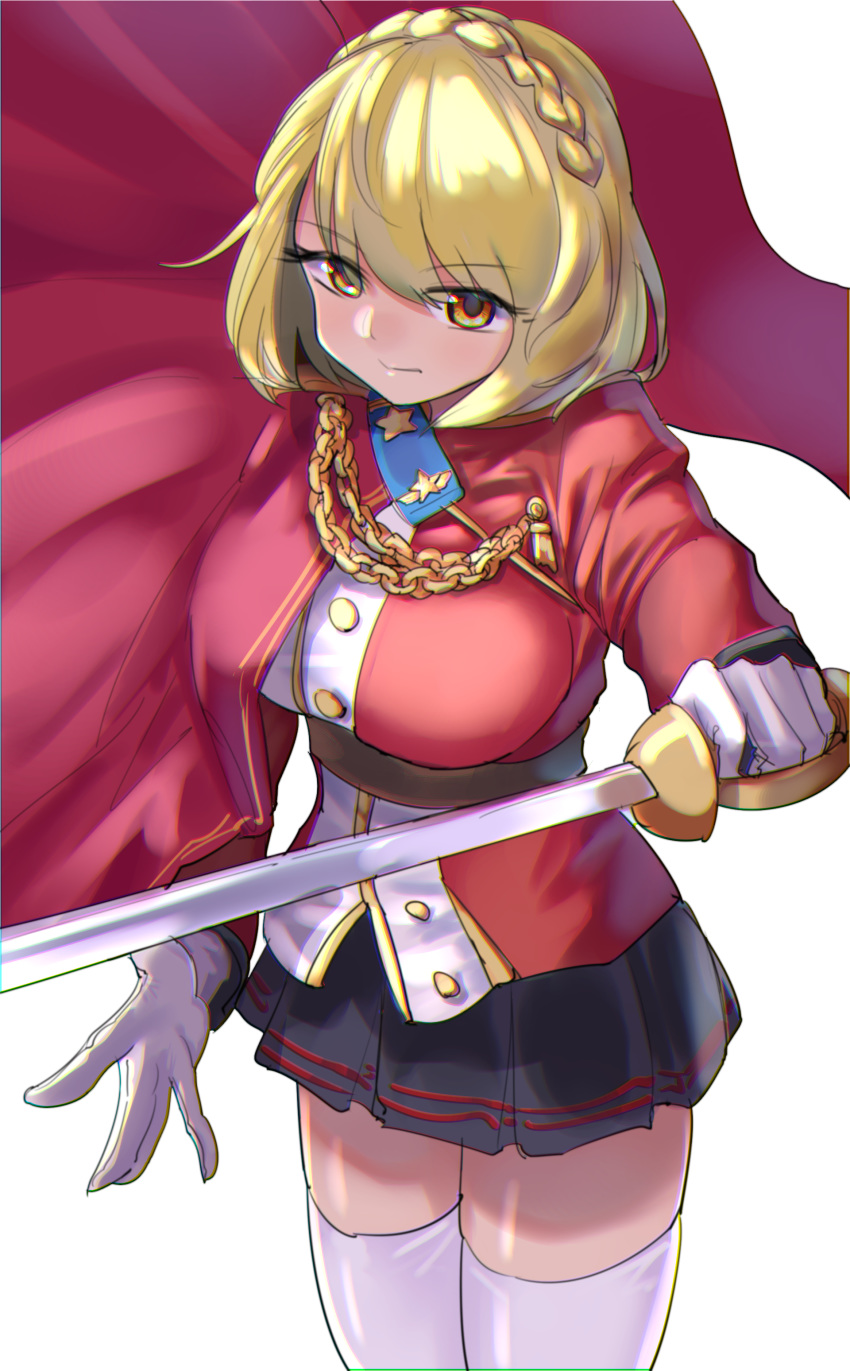 1girl absurdres aiguillette azur_lane black_skirt blonde_hair braid breasts buttons chromatic_aberration closed_mouth crown_braid eyebrows_visible_through_hair gloves gunnjou_yosio highres holding holding_sword holding_weapon large_breasts long_sleeves looking_at_viewer miniskirt pleated_skirt prince_of_wales_(azur_lane) skirt solo sword thigh-highs weapon white_gloves white_legwear yellow_eyes zettai_ryouiki