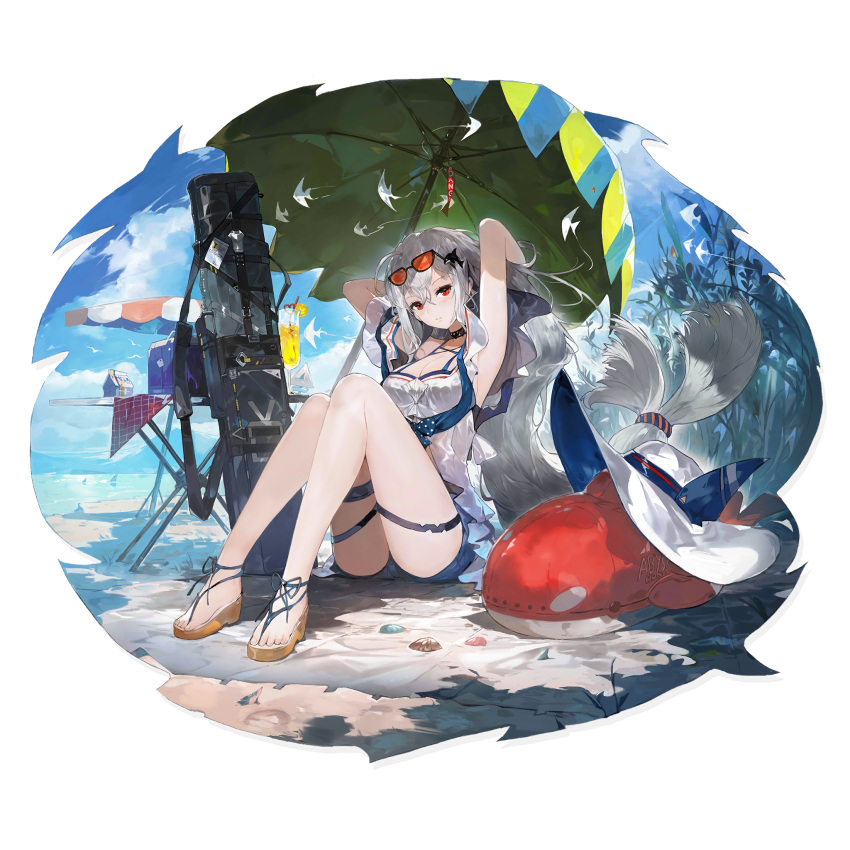 1girl alchemaniac alternate_costume arknights armpits arms_up bangs bare_legs bare_shoulders beach black_choker blush breasts choker cooler cup expressionless eyewear_on_head feet full_body hair_between_eyes hair_ornament hat hat_removed head_tilt headwear_removed highres knees_up large_breasts long_hair looking_at_viewer official_art red_eyes sandals sidelocks silver_hair sitting skadi_(arknights) solo sun_hat sunglasses table thigh_strap thighs transparent_background very_long_hair weapon_bag whale_hair_ornament