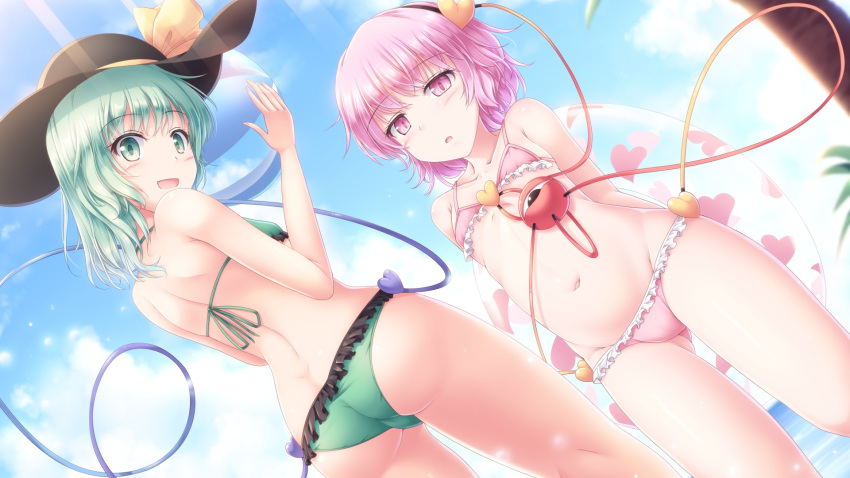 2girls :d arms_behind_back ass ass_visible_through_thighs ball beachball bikini black_headwear blue_sky breasts commentary_request day dutch_angle eyebrows_visible_through_hair frilled_bikini frills green_bikini green_eyes green_hair groin heart heart_print highres holding holding_ball holding_beachball innertube komeiji_koishi komeiji_satori looking_at_viewer lzh medium_breasts multiple_girls navel open_mouth outdoors pink_bikini pink_eyes pink_hair print_innertube short_hair shoulder_blades siblings sisters sky small_breasts smile sunlight swimsuit third_eye touhou wading water