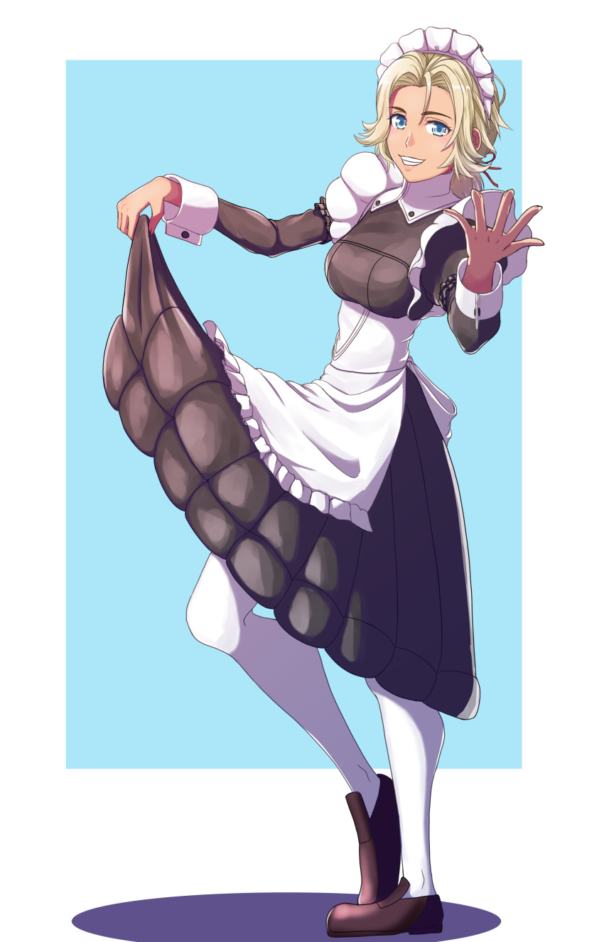 1girl absurdres alternate_costume apron black_shirt black_skirt blonde_hair blue_background blue_eyes catherine_(fire_emblem) enmaided fire_emblem fire_emblem:_three_houses frilled_apron frills from_side full_body grin hair_between_eyes hair_intakes highres lifted_by_self loafers long_skirt long_sleeves looking_at_viewer maid maid_headdress pantyhose shiny shiny_hair shirt shoes short_hair skirt skirt_lift smile solo standing sukkirito_(rangusan) two-tone_background waist_apron white_apron white_background white_legwear