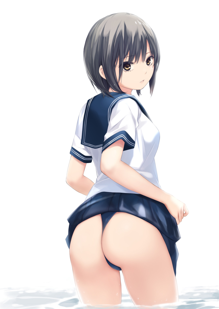 1girl aoyama_sumika ass bangs blue_skirt breasts brown_eyes brown_hair coffee-kizoku commentary_request from_behind highres lips looking_at_viewer looking_back medium_breasts original panties parted_lips sailor_collar school_uniform serafuku shiny shiny_hair short_hair short_sleeves simple_background skirt solo thighs thong thong_panties underwear wading water white_background