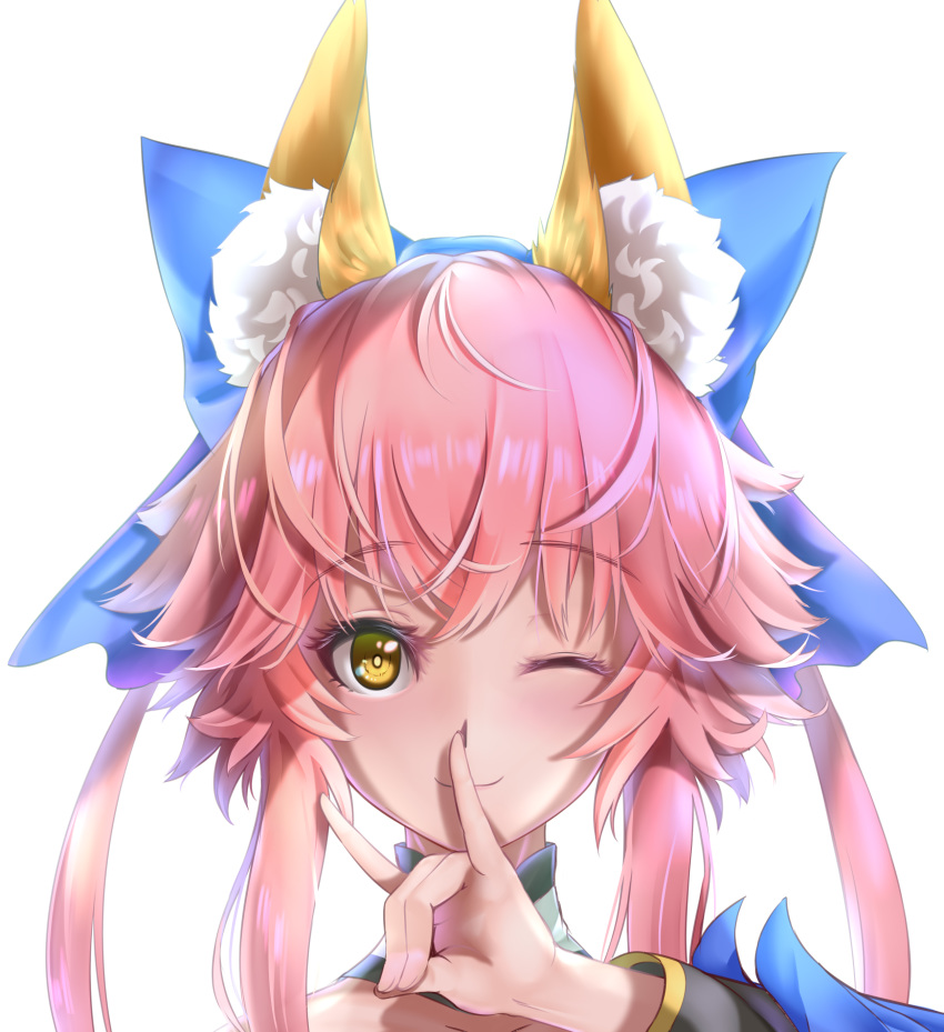 1girl absurdres animal_ear_fluff animal_ears bare_shoulders blue_ribbon collarbone commentary commentary_request fate/extella fate/extra fate/grand_order fate_(series) fox_ears fox_girl fox_shadow_puppet hair_ribbon highres japanese_clothes kamehito looking_at_viewer one_eye_closed pink_hair ribbon simple_background solo tamamo_(fate)_(all) tamamo_no_mae_(fate) white_background yellow_eyes