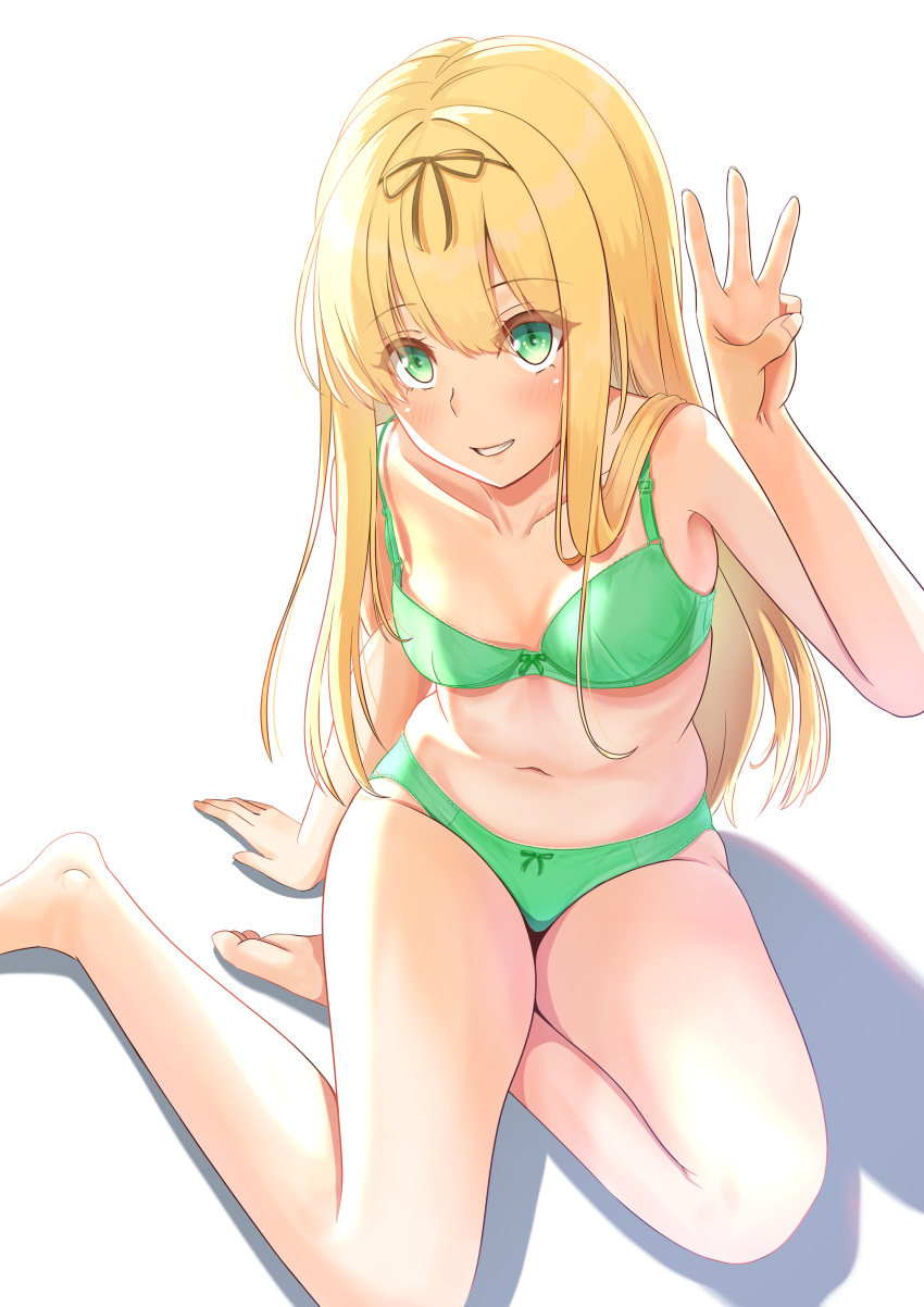 1girl absurdres bangs bare_arms bare_legs bare_shoulders barefoot black_ribbon blonde_hair bra breasts collarbone commentary_request eyebrows_visible_through_hair from_above green_bra green_eyes green_panties hair_ribbon highres kantai_collection long_hair looking_at_viewer looking_up navel panties parted_lips ribbon sitting small_breasts smile solo stomach straight_hair underwear underwear_only w yokozuwari yuudachi_(kantai_collection) zuki