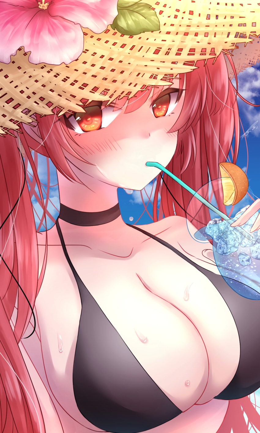 1girl azur_lane bare_shoulders bikini black_bikini blush breasts cocktail cocktail_glass cup drinking_glass flower hat highres honolulu_(azur_lane) honolulu_(summer_accident?!)_(azur_lane) large_breasts long_hair looking_at_viewer poco. red_eyes redhead sun_hat swimsuit twintails very_long_hair wet