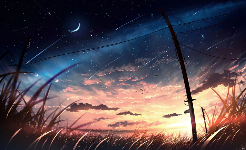 bird city_lights clouds dark grass highres moon no_humans original scenery sky skyrick9413 star_(sky) sunset sword weapon