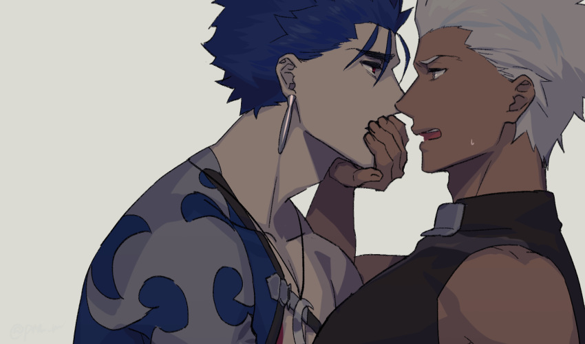 2boys archer blue_hair brown_eyes chest close-up couple covering_mouth cu_chulainn_(fate)_(all) dark_skin dark_skinned_male earrings fate/grand_order fate/stay_night fate_(series) hand_over_another's_mouth hikaru_(asteriskring) hug imminent_kiss jewelry lancer male_focus multiple_boys muscle necklace pectorals red_eyes shirtless white_hair yaoi