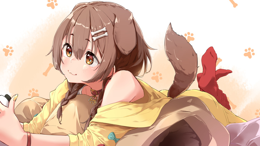 1girl :3 animal_ears blush bone_hair_ornament bone_print braid brown_eyes brown_hair choker closed_mouth commentary_request controller dog_ears dog_tail dress eyebrows_visible_through_hair feet game_controller hair_between_eyes highres holding holding_controller hololive inugami_korone jacket lying medium_hair nail_polish off_shoulder on_stomach patterned_background paw_print_background red_choker red_legwear side_braids simple_background smile socks soles solo tail the_pose twin_braids virtual_youtuber white_dress wristband yellow_jacket yellow_nails yuyaiyaui