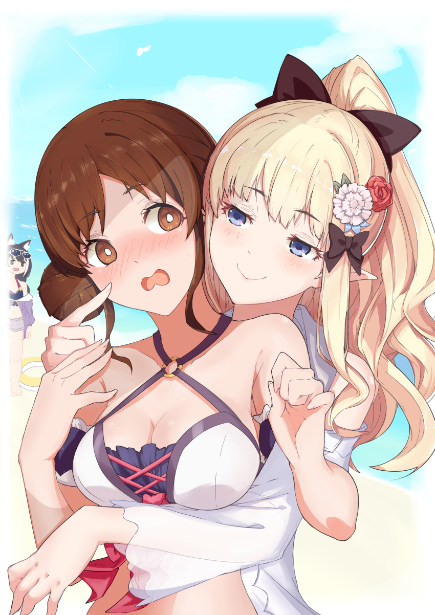 3girls absurdres bangs bare_shoulders bikini black_bow blonde_hair blue_eyes blush bow breasts brown_eyes brown_hair double_bun elf eyebrows_visible_through_hair flower hair_bow hair_flower hair_ornament highres karyl_(princess_connect!) large_breasts long_hair multiple_girls open_mouth pointy_ears ponytail princess_connect! princess_connect!_re:dive saren_(princess_connect!) sidelocks smile suzume_(princess_connect!) swimsuit xiangcao_xing_chen_bing yuri