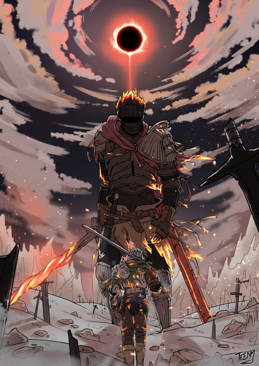 2others arm_at_side armor armored_boots arms_at_sides artist_name ashen_one_(dark_souls_3) battle belt boots breastplate broken broken_sword broken_weapon brown_pants capelet clouds cloudy_sky commentary_request dagger dark_souls_iii duel eclipse embers facing_away feet_out_of_frame field_of_blades full_armor gauntlets glowing glowing_sword glowing_weapon greatsword greaves green_capelet helmet highres hill holding holding_sword holding_weapon korean_commentary looking_at_another moon multiple_others outdoors over_shoulder pants pauldrons planted_sword planted_weapon plate_armor red_capelet rock sheath sheathed shoulder_armor signature size_difference sky solar_eclipse soul_of_cinder souls_(from_software) sun sword teeny_(nonzone) walking weapon zweihander