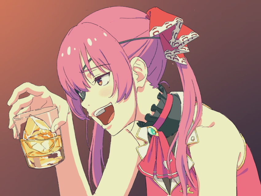 1girl :d alcohol anime_coloring arm_support bansei black_collar black_eyepatch bodystocking choker collar commentary_request cravat cropped_jacket cup drinking_glass drunk eyepatch frilled_collar frills from_side gem gradient gradient_background hair_over_shoulder half-closed_eyes hand_up highres hololive houshou_marine jacket jewelry lapel lapel_pin leaning_forward long_hair neckerchief one_eye_covered open_mouth pendant pirate print_eyepatch profile raised_eyebrow red_choker red_eyes red_jacket shiny shiny_hair side_ponytail sidelocks simple_background sleeveless smile solo upper_teeth virtual_youtuber whiskey