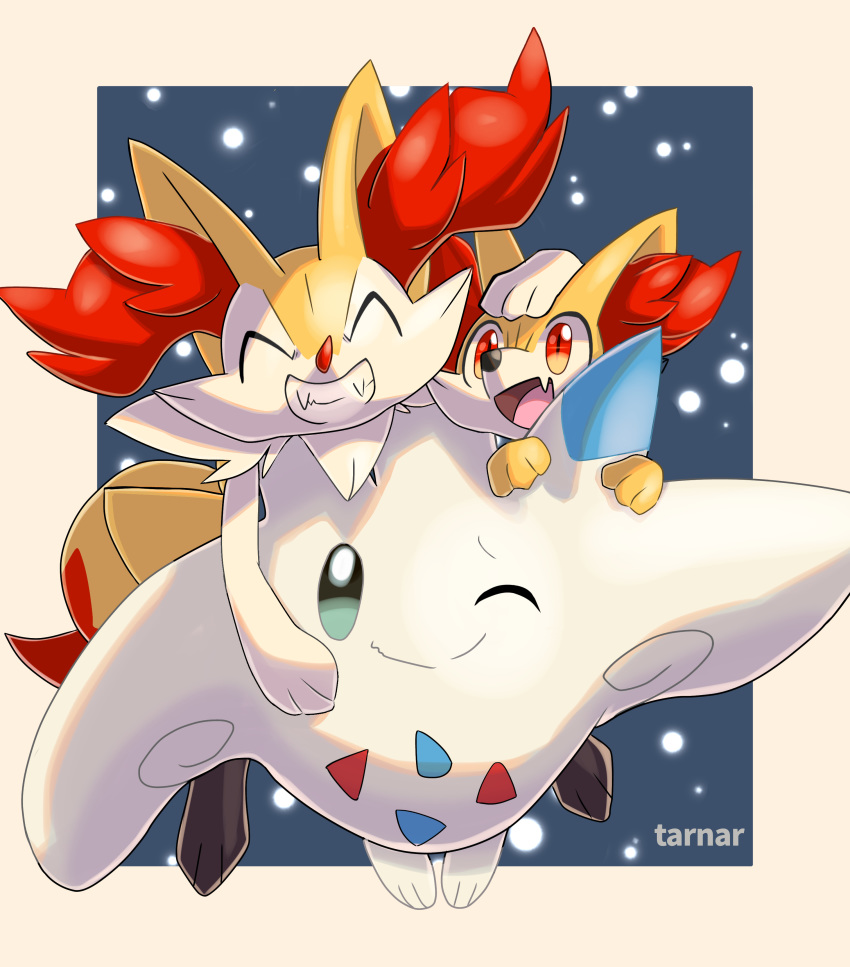 ^_^ absurdres artist_name border braixen closed_eyes closed_mouth commentary_request fang fennekin gen_4_pokemon gen_6_pokemon hand_on_another's_head happy highres no_humans open_mouth outside_border pokemon pokemon_(creature) red_eyes skin_fang smile tarnar teeth togekiss tongue