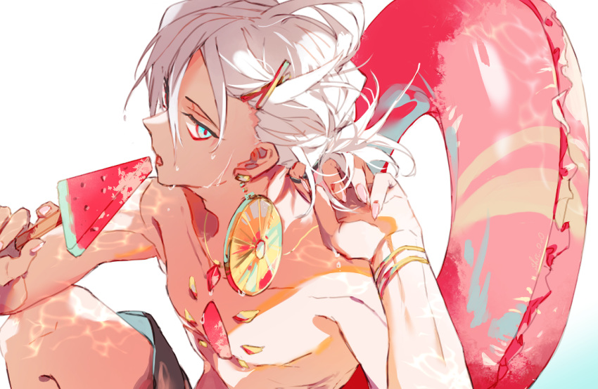 1boy alternate_costume alternate_hairstyle armor bangs blue_eyes chest_jewel close-up fate/apocrypha fate/grand_order fate_(series) food hair_between_eyes jewelry karna_(fate) looking_at_viewer male_focus pale_skin popsicle sakuramochi1003 solo summer watermelon_bar white_hair