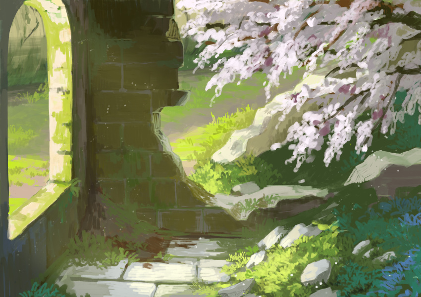 absurdres arch brick_wall cherry_blossoms commentary_request day grass highres moss no_humans original outdoors overgrown rock ruins scenery sunlight tree turquoise_iro window