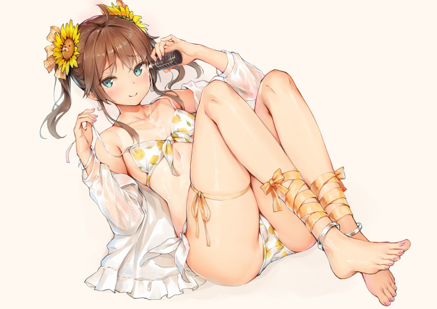 1girl ahoge anklet aqua_eyes ass bare_shoulders barefoot bikini breasts brown_hair collarbone feet flower front-tie_bikini front-tie_top hair_flower hair_ornament highres holding hololive jacket jewelry knees_up leg_ribbon long_hair long_sleeves looking_at_viewer natsuiro_matsuri off_shoulder open_clothes open_jacket pouring print_bikini ribbon see-through sidelocks simple_background skindentation small_breasts smile solo string_bikini sunflower swimsuit sy4 thigh_strap thighs toenail_polish twintails untied untied_bikini virtual_youtuber white_background white_bikini white_jacket